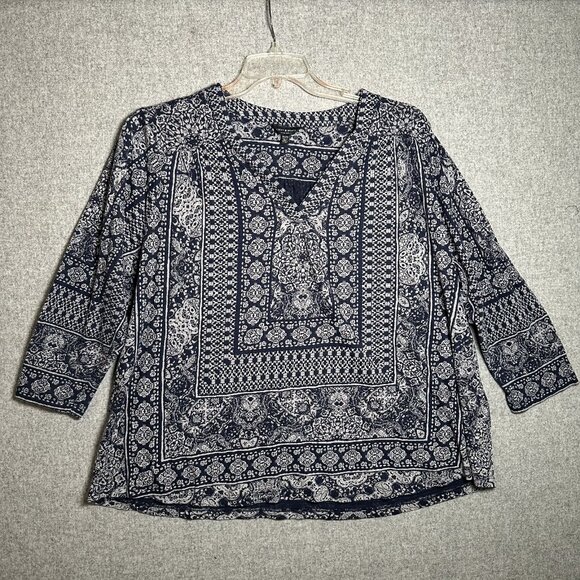 Lucky Brand 3X Womens Peasant Top Blouse 3/4 Sleeve Boho Navy Blue Vneck - Picture 1 of 14
